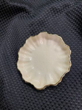 Vintage Cream Ceramic Scalloped Edge Trinket Dish with Gold Trim